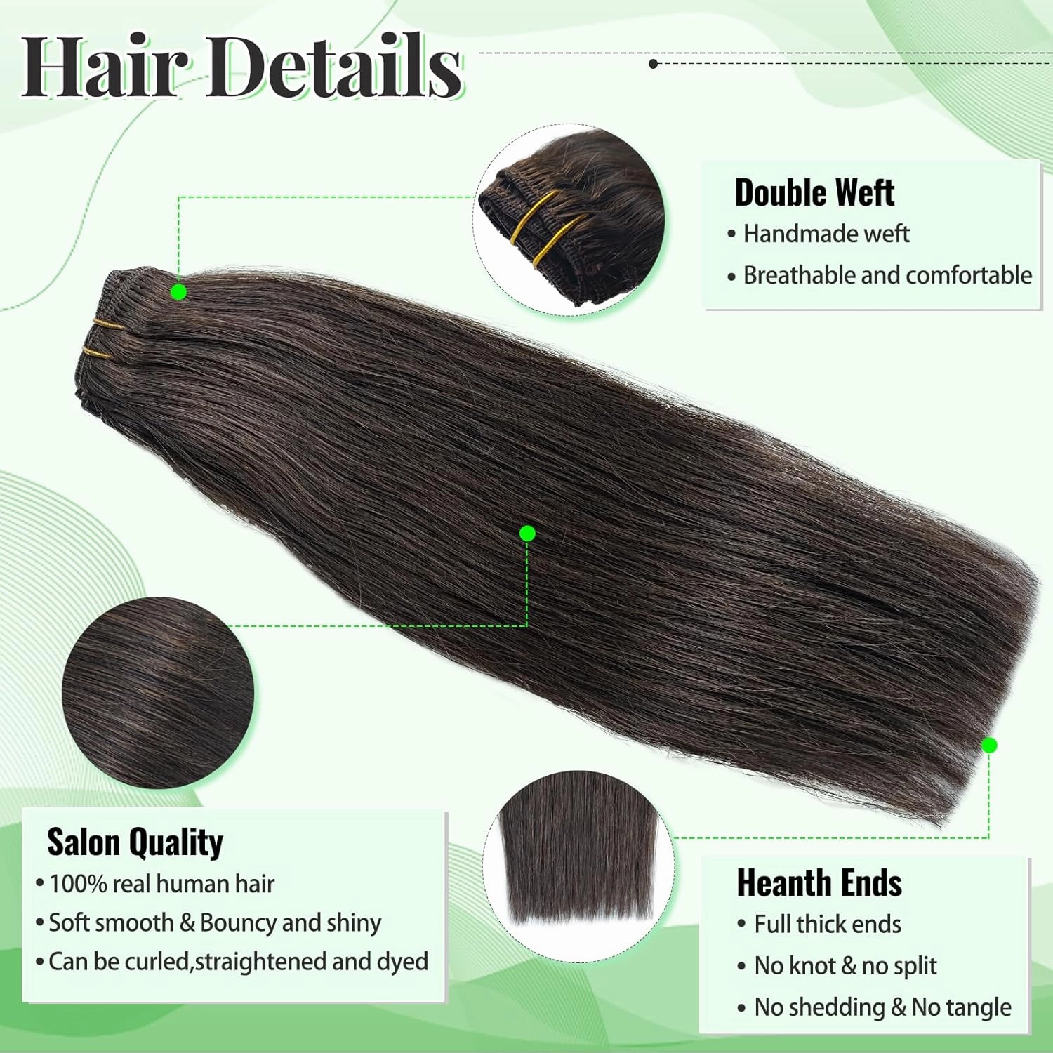 Clip in Hair Extensions Real Human Hair, 2 Dark Brown Clip in Remy Human Hair Extensions 14 Inch 70g 5pcs Soft Silky Straight Seamless