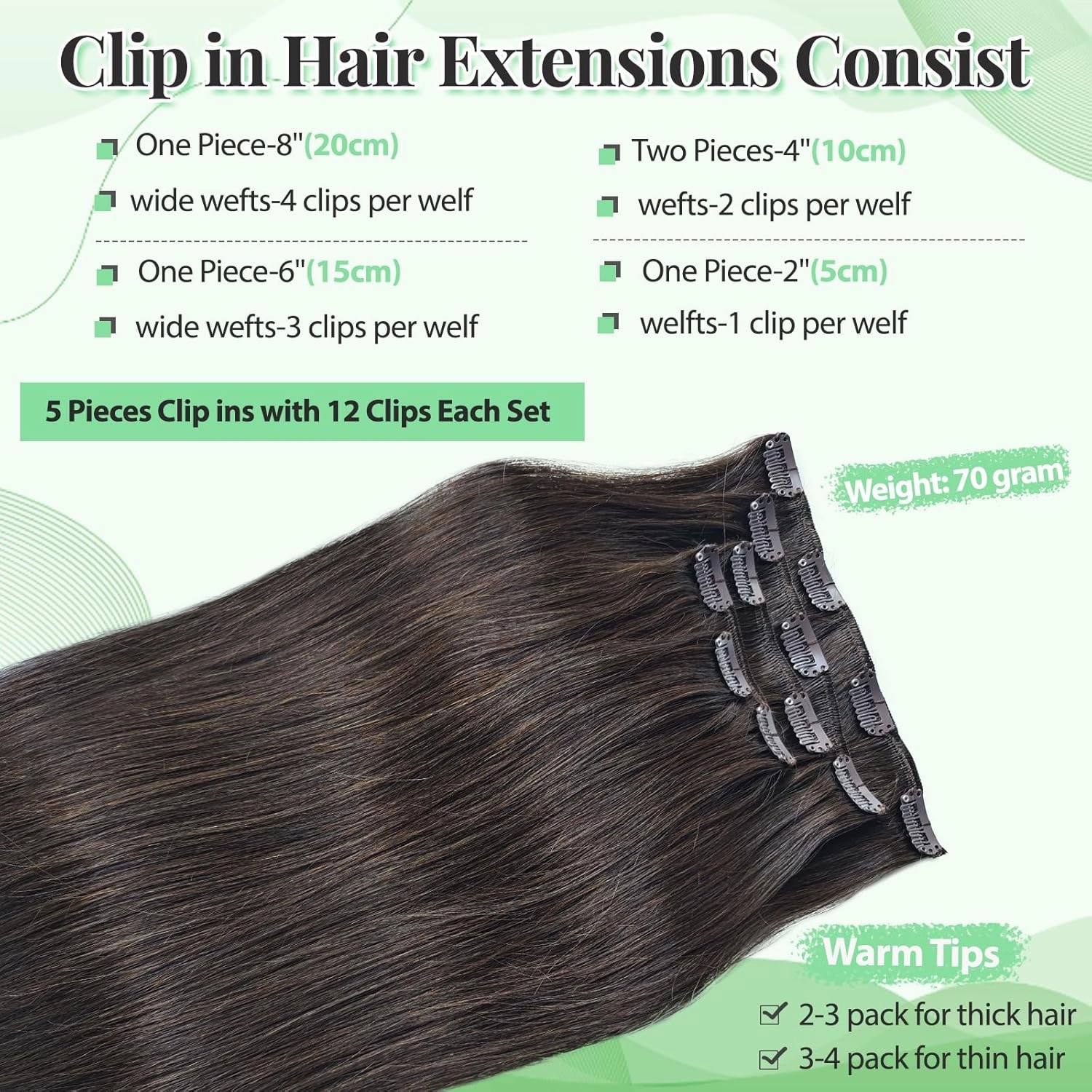Clip in Hair Extensions Real Human Hair, 2 Dark Brown Clip in Remy Human Hair Extensions 14 Inch 70g 5pcs Soft Silky Straight Seamless