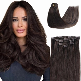 Clip in Hair Extensions Real Human Hair, 2 Dark Brown Clip in Remy Human Hair Extensions 14 Inch 70g 5pcs Soft Silky Straight Seamless