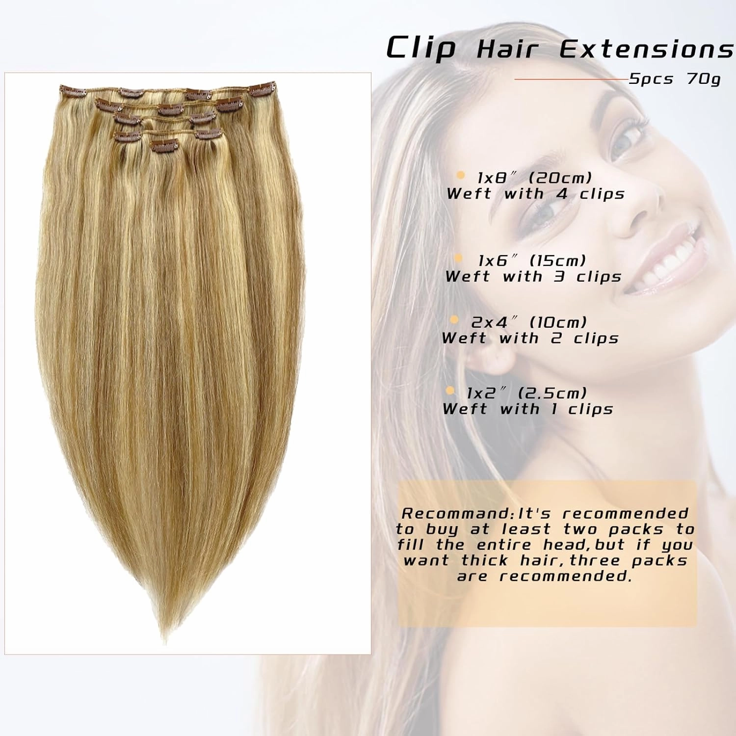 Clip in Hair Extensions Real Human Hair, 70g 5pcs Light Bloned Mixed Golden Blonde 14 Inch, OiMiGO Remy Human Hair Extensions Clip in Natural Hair Extensions Straight(#16P22)