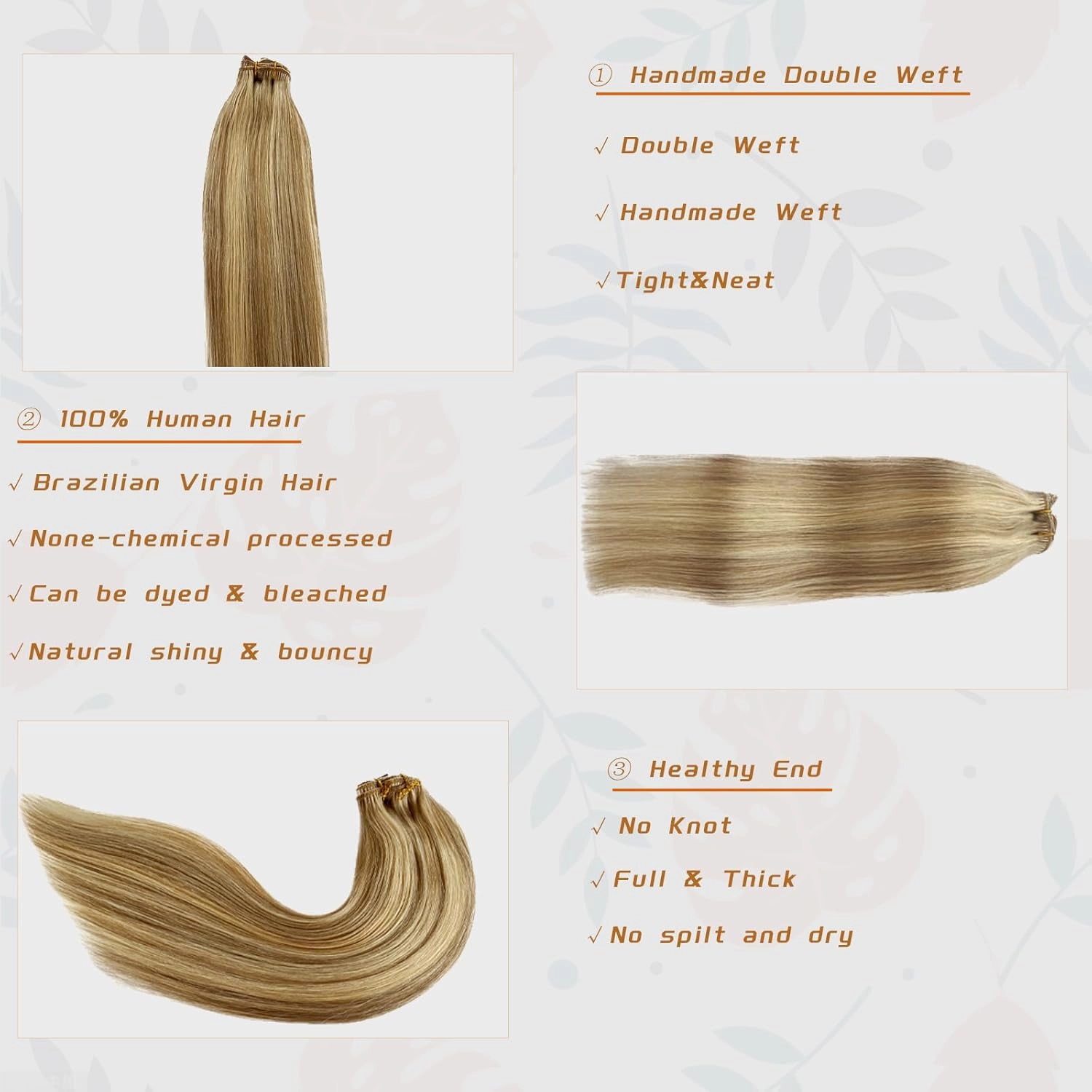 Clip in Human Hair Extension 14 Inch Brown Mix Blonde 5PCS Straight Hairpieces for Women Natural Thick Remy Human Hair Handmade Double Weft Full Head 70g(#18P613)