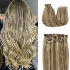 Clip in Human Hair Extension 14 Inch Brown Mix Blonde 5PCS Straight Hairpieces for Women Natural Thick Remy Human Hair Handmade Double Weft Full Head 70g(#18P613)