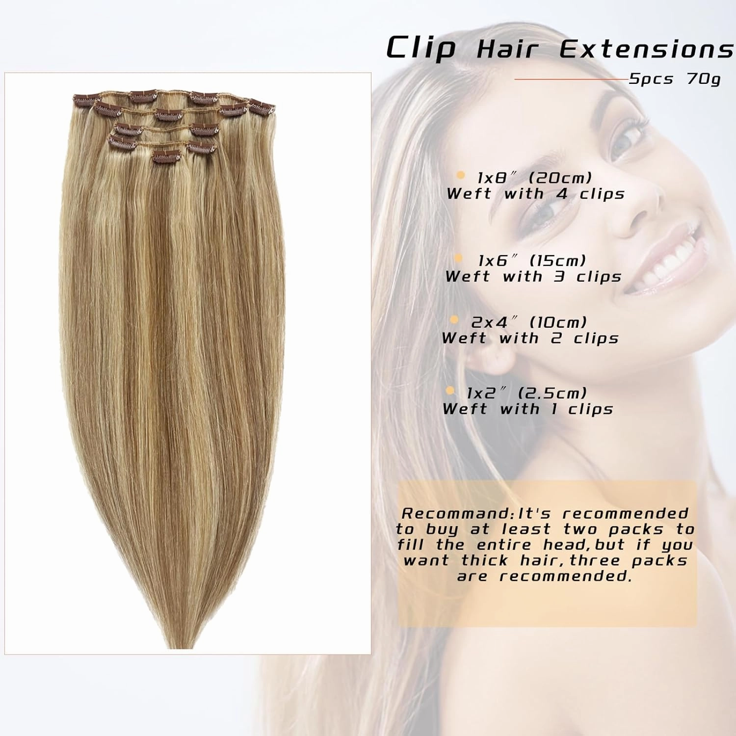 Clip in Human Hair Extension 14 Inch Brown Mix Blonde 5PCS Straight Hairpieces for Women Natural Thick Remy Human Hair Handmade Double Weft Full Head 70g(#18P613)