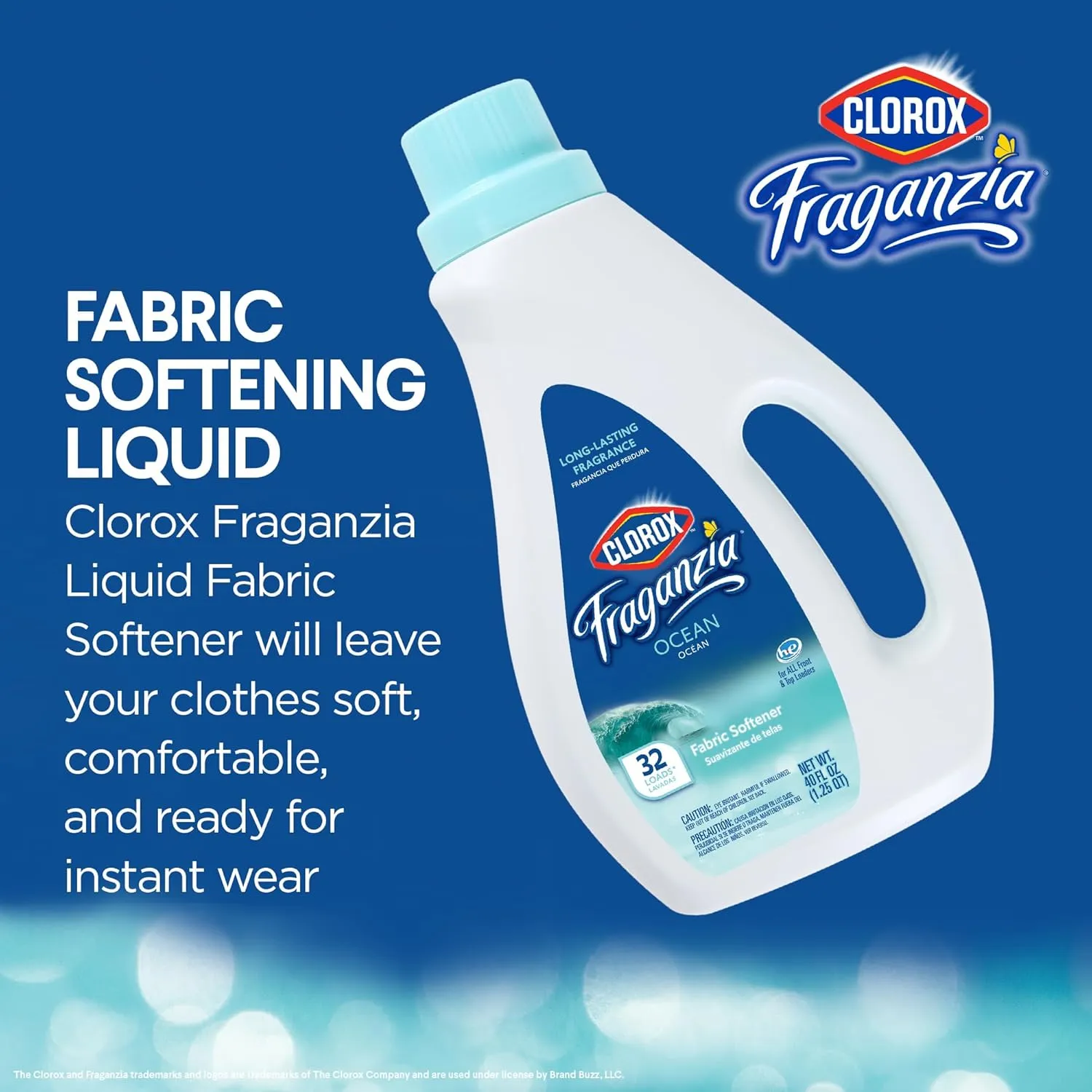 Clorox Fraganzia Liquid Fabric Softener, Fresh Ocean Breeze Scent 40oz | Laundry Softener | Laundry Wrinkle Reducer and Static Reducer | Fresh Ocean Breeze Laundry Softener