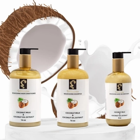 COCONUT MILK HAIR TRIO- coconut milk, coconut oil & ultra whipped egg white proteins- Complete Nourishing Shampoo Set (Shampoo, Conditioner & Hair Mask)
