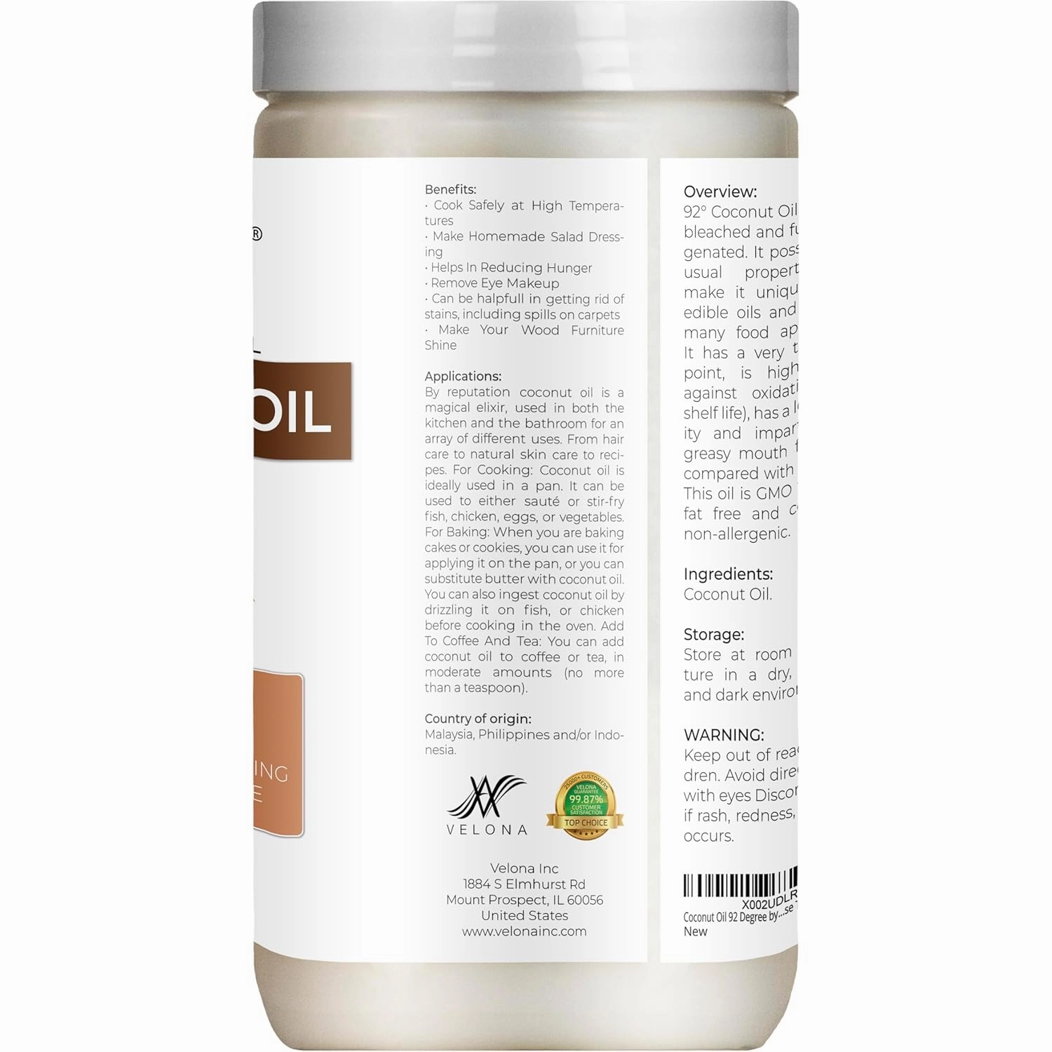 Coconut Oil 92 Degree by Velona - 64 fl oz | 100% Pure and Natural Carrier Oil | in jar | Refined, Cold pressed | Skin, Face, Body, Hair Care | Use Today - Enjoy Results