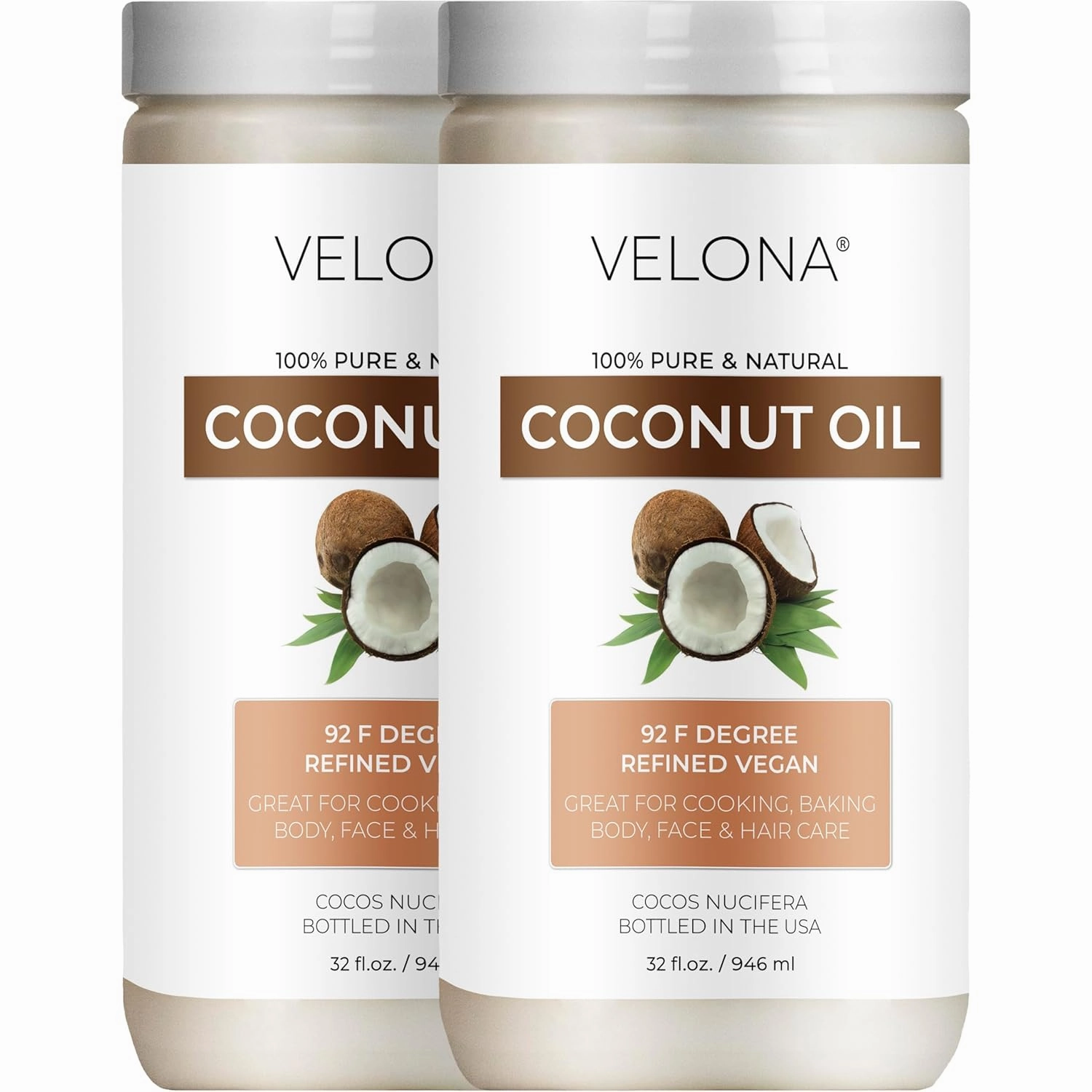 Coconut Oil 92 Degree by Velona - 64 fl oz | 100% Pure and Natural Carrier Oil | in jar | Refined, Cold pressed | Skin, Face, Body, Hair Care | Use Today - Enjoy Results
