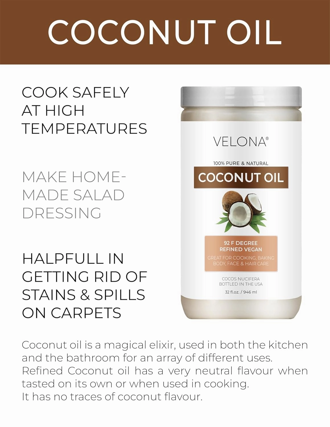 Coconut Oil 92 Degree by Velona - 64 fl oz | 100% Pure and Natural Carrier Oil | in jar | Refined, Cold pressed | Skin, Face, Body, Hair Care | Use Today - Enjoy Results