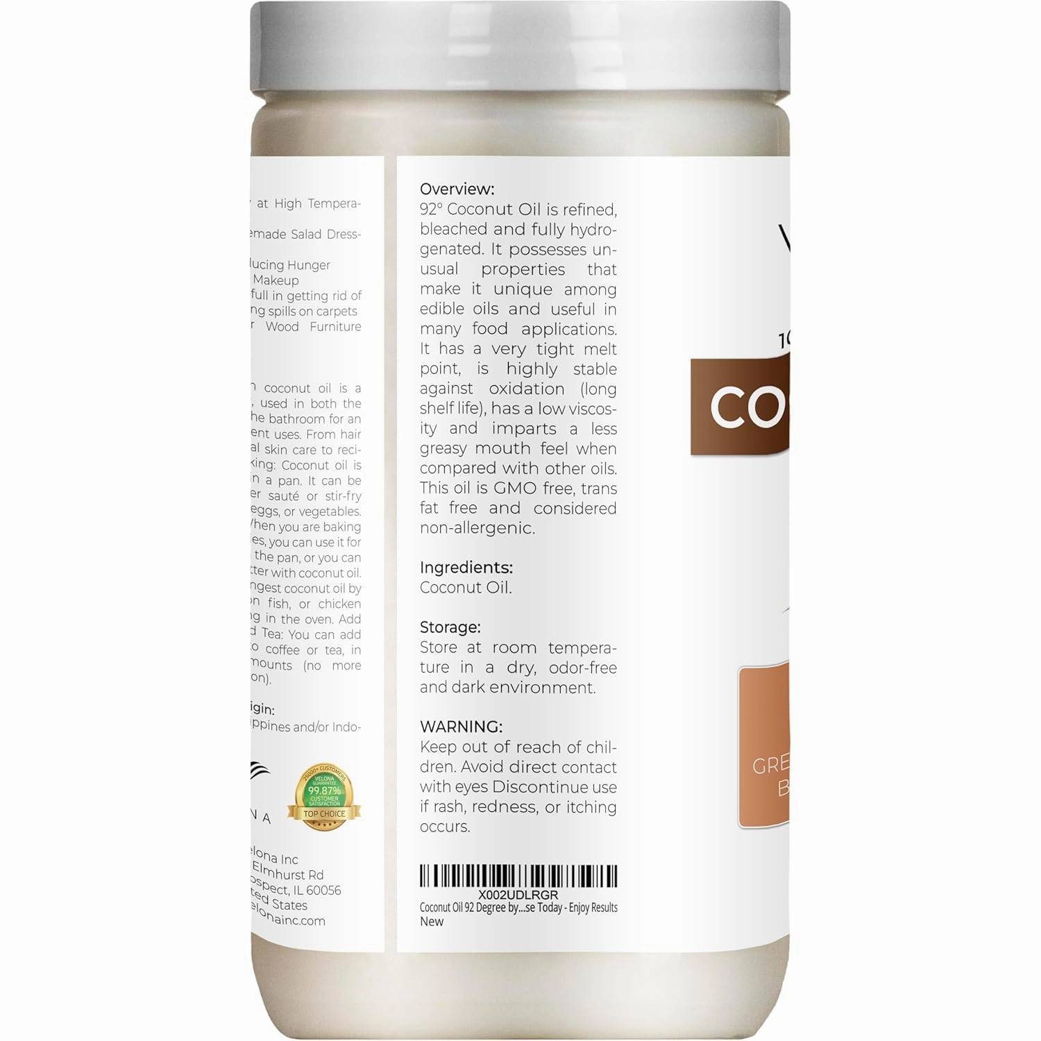 Coconut Oil 92 Degree by Velona - 64 fl oz | 100% Pure and Natural Carrier Oil | in jar | Refined, Cold pressed | Skin, Face, Body, Hair Care | Use Today - Enjoy Results
