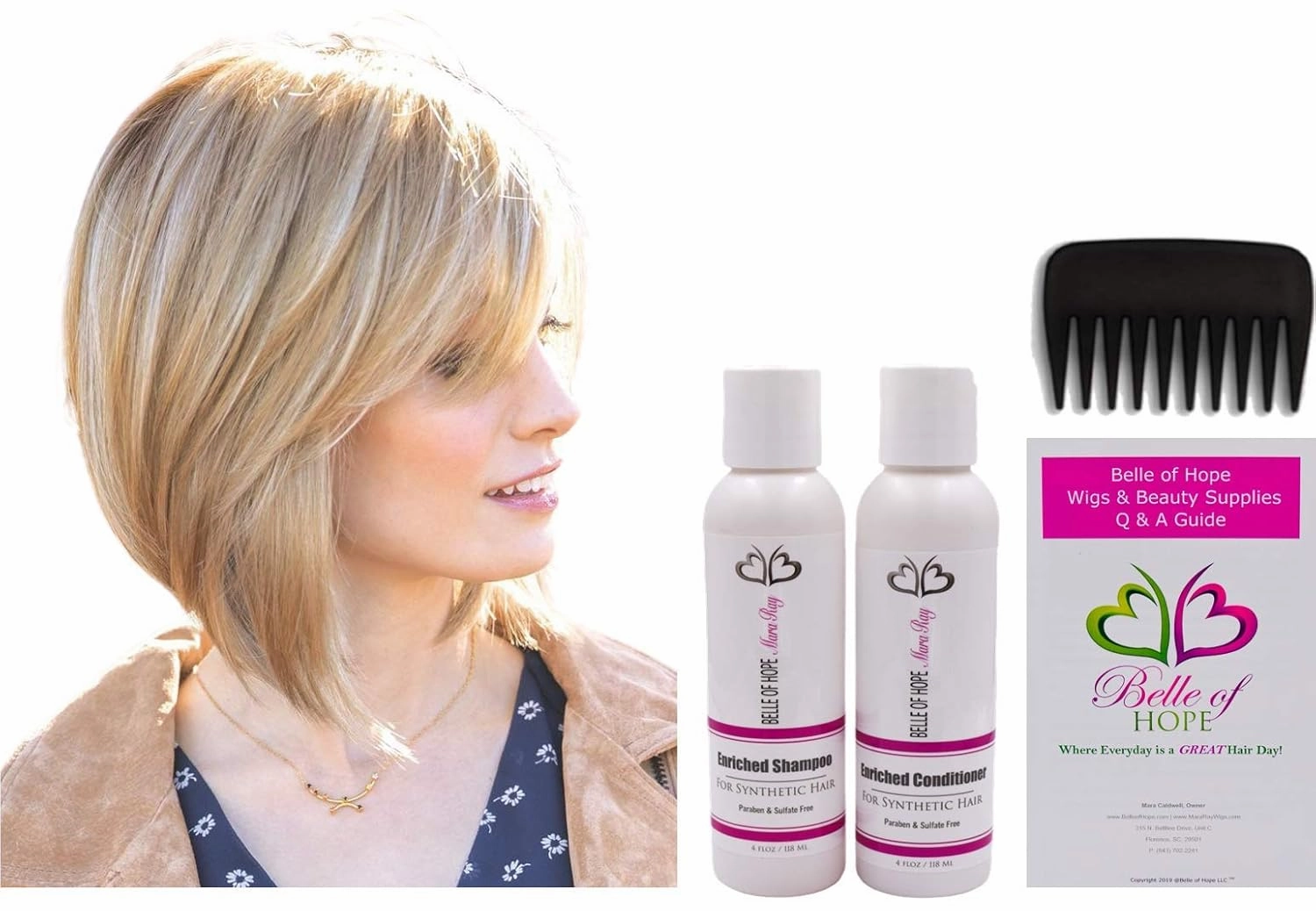 CODI Double Mono Synthetic Wig by Amore, 5PC Bundle: Wig, 4oz Mara Ray Enriched Shampoo, Conditioner, Wide Tooth Comb, and 19 Page Belle of Hope Guide (Burgundy)