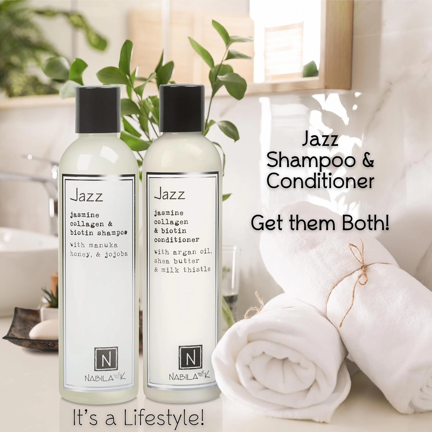 Collagen & Biotin Shampoo, 9 oz – Jazz – White Jasmine, Manuka Honey & Jojoba – Cleansing, Hydrating, Color-Safe – Sulfate-Free