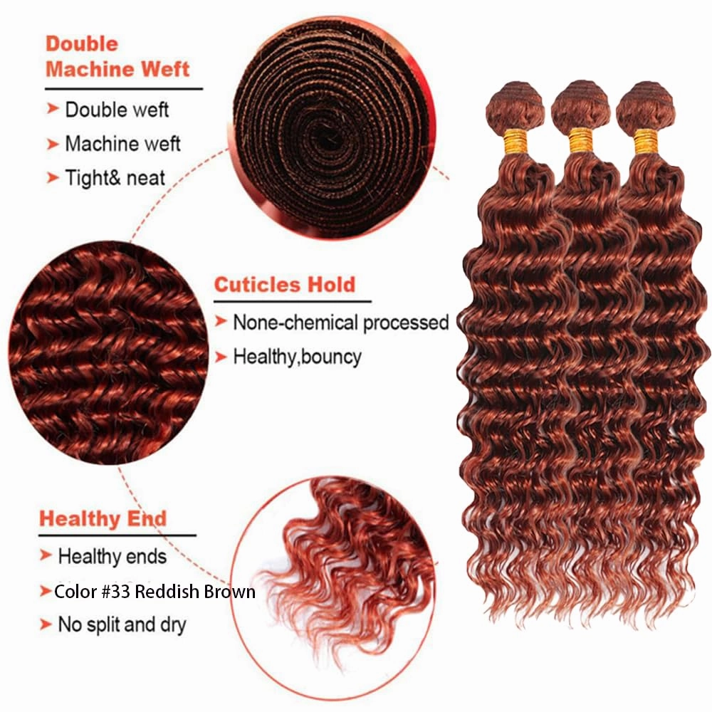 Color 33 Reddish Brown Human Hair Deep Wave Bundles Brazilian Virgin Remy Hair 8 10 12 Inch Mixed Length Copper Red Deep Wave Brown Bundles