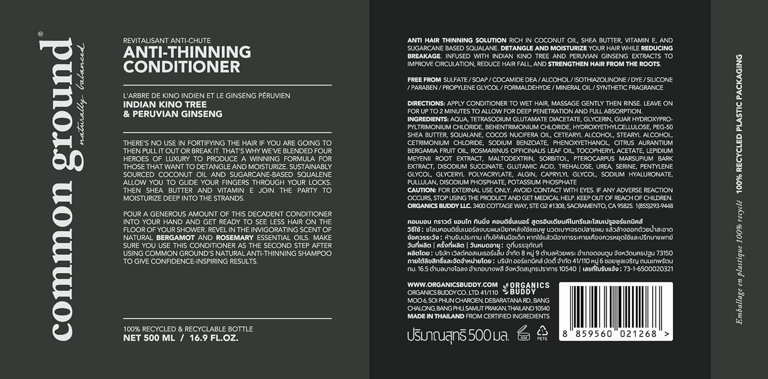 Common Ground Natural Anti-Thinning Conditioner, Sulphate, Paraben & Cruelty Free, Organic, Vegan, Plant-Based, Bergamot & Rosemary Scent, Kino Tree & Ginseng DHT Blockers, All Hair Types, Men & Women