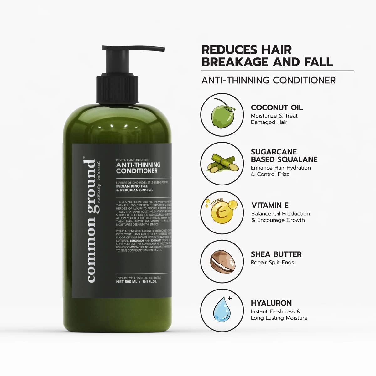 Common Ground Natural Anti-Thinning Conditioner, Sulphate, Paraben & Cruelty Free, Organic, Vegan, Plant-Based, Bergamot & Rosemary Scent, Kino Tree & Ginseng DHT Blockers, All Hair Types, Men & Women