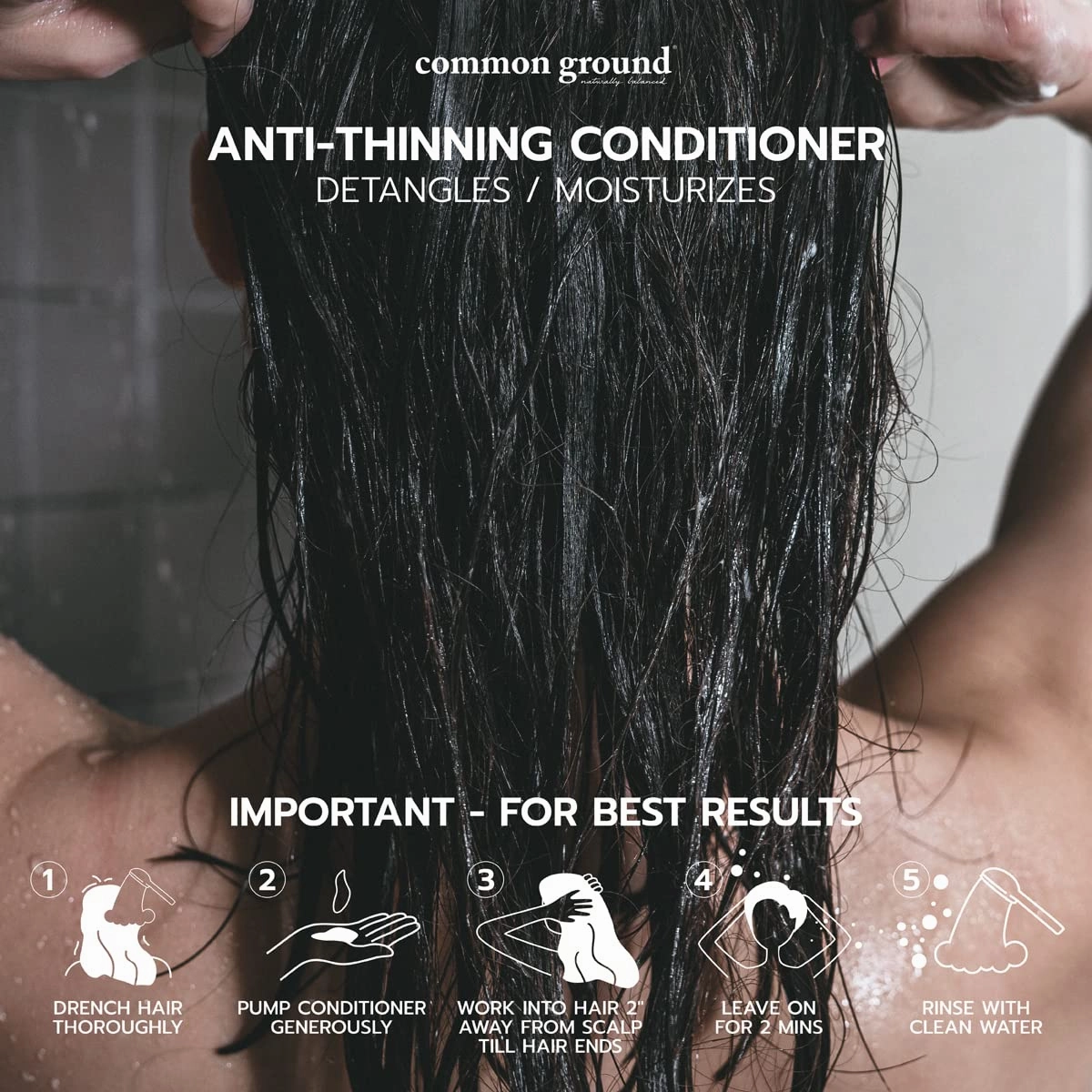 Common Ground Natural Anti-Thinning Conditioner, Sulphate, Paraben & Cruelty Free, Organic, Vegan, Plant-Based, Bergamot & Rosemary Scent, Kino Tree & Ginseng DHT Blockers, All Hair Types, Men & Women