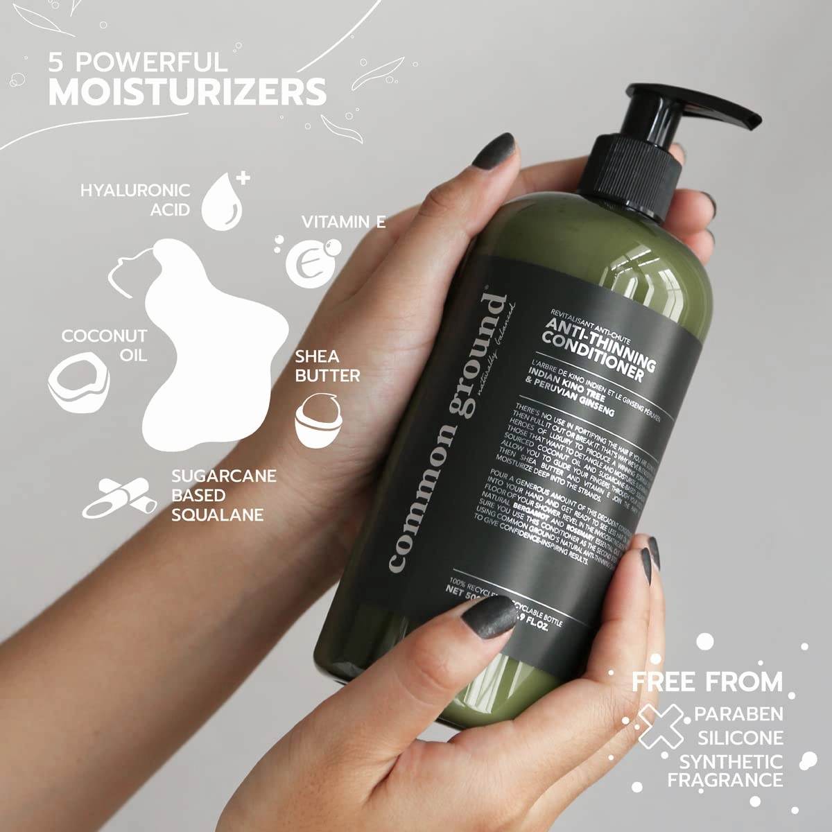 Common Ground Natural Anti-Thinning Conditioner, Sulphate, Paraben & Cruelty Free, Organic, Vegan, Plant-Based, Bergamot & Rosemary Scent, Kino Tree & Ginseng DHT Blockers, All Hair Types, Men & Women