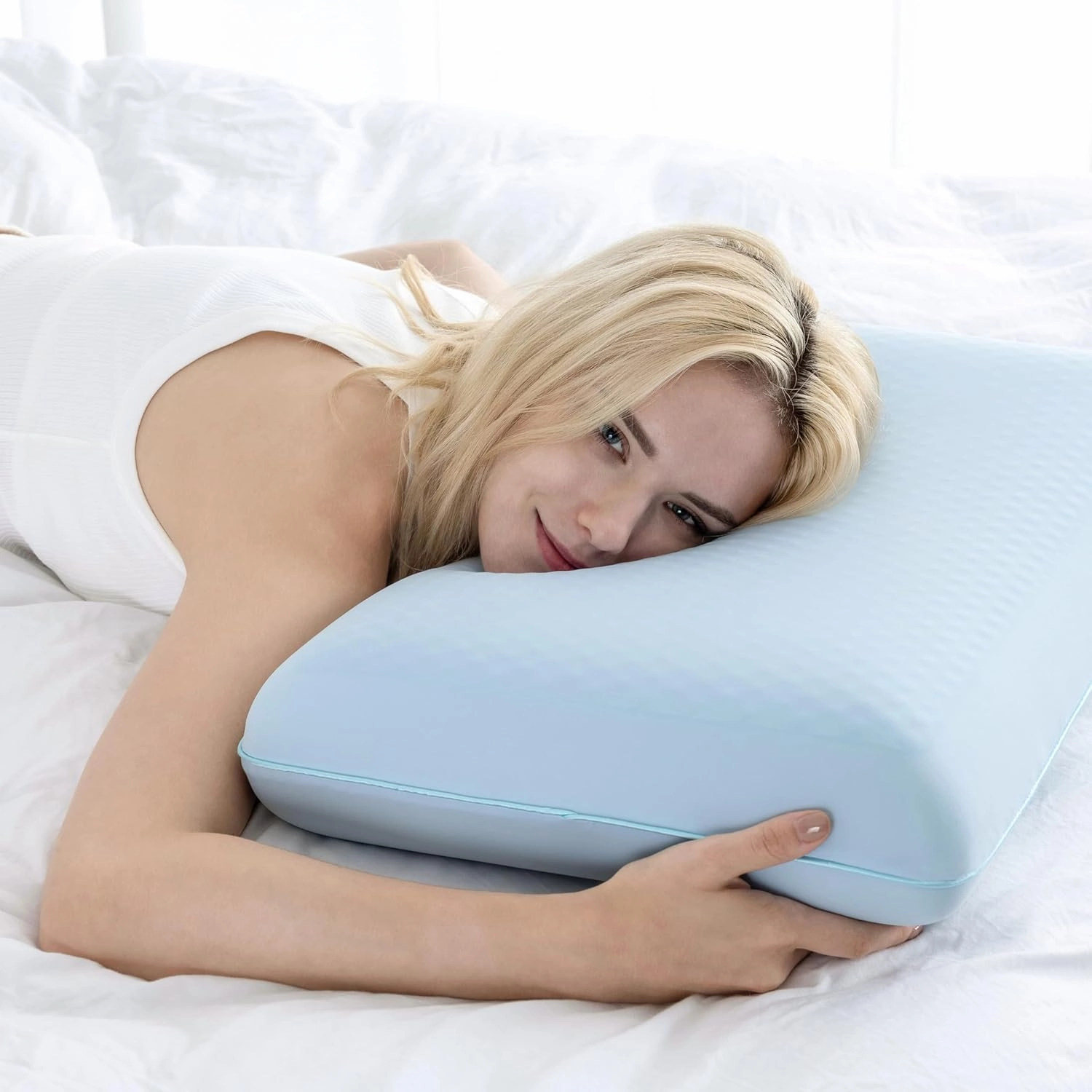 Cooling Memory Foam Pillow with Two-Sided Reversible Cover, Neck Support for Back, Stomach, and Side Sleepers, Washable Removable Cover, All-Season Comfort, Blue