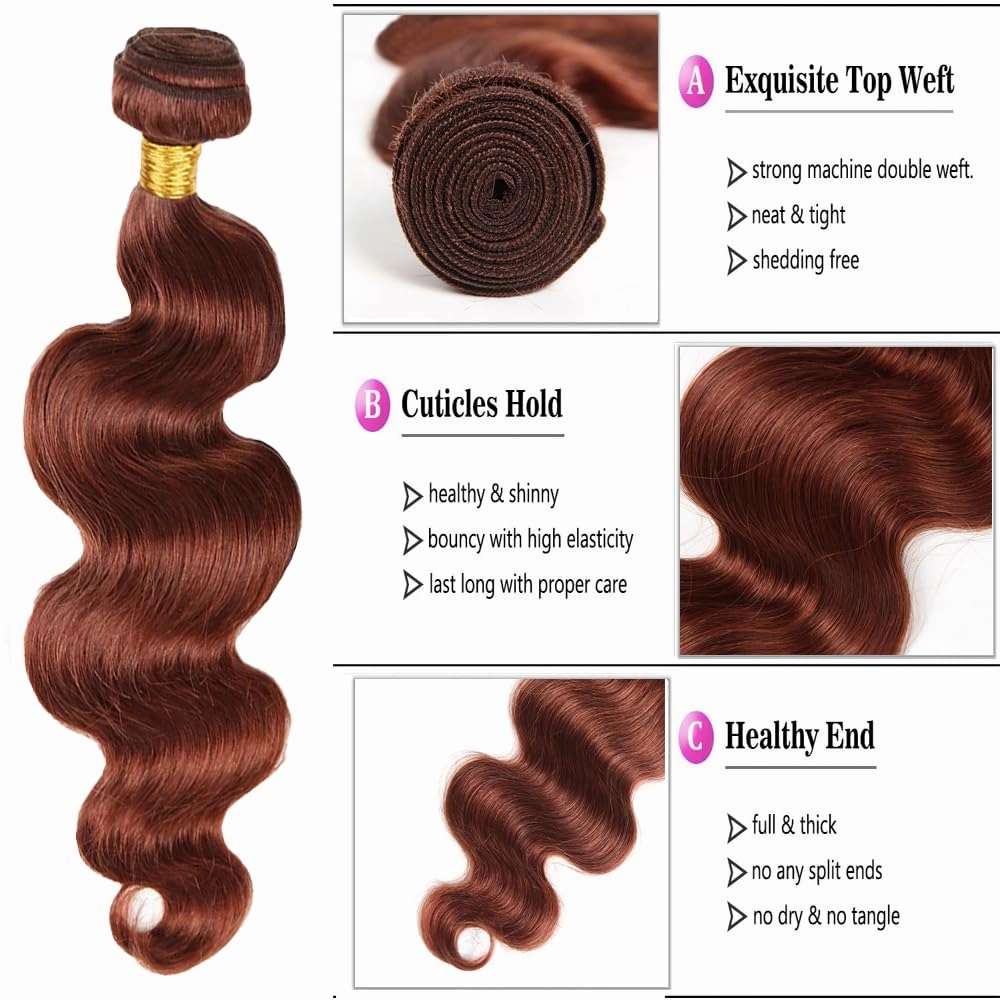Copper Red Brown Body Wave Human Hair Bundles 8 10 12 Inch Color 33 Reddish Brown Unprocessed Brazilian Virgin Remy Hair Body Wavy Bundles