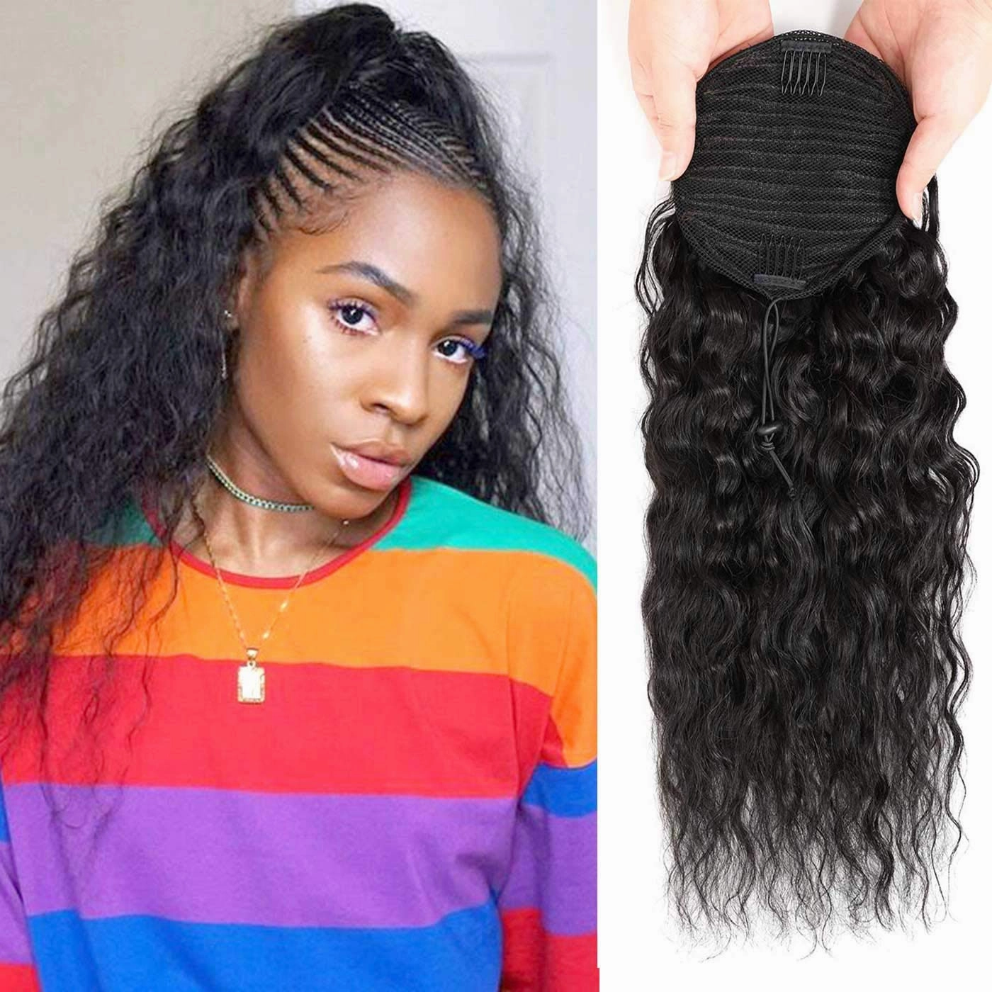 Corn Wave Ponytail Extensions Human Hair Wave Curly Ponytail Wrap Drawstring Human Hair Ponytails Natural Color Hairpiece with Clip in Binding Pony Tail (14 Inch)