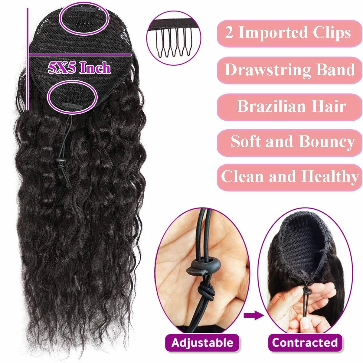 Corn Wave Ponytail Extensions Human Hair Wave Curly Ponytail Wrap Drawstring Human Hair Ponytails Natural Color Hairpiece with Clip in Binding Pony Tail (14 Inch)