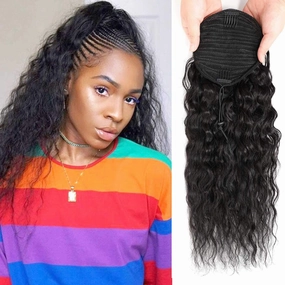 Corn Wave Ponytail Extensions Human Hair Wave Curly Ponytail Wrap Drawstring Human Hair Ponytails Natural Color Hairpiece with Clip in Binding Pony Tail (14 Inch)