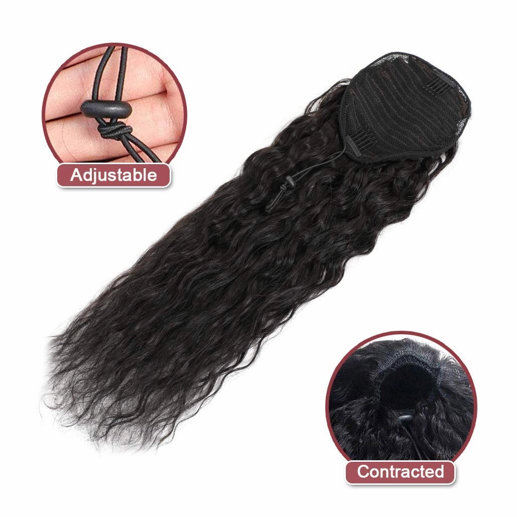 Corn Wave Ponytail Extensions Human Hair Wave Curly Ponytail Wrap Drawstring Human Hair Ponytails Natural Color Hairpiece with Clip in Binding Pony Tail (14 Inch)