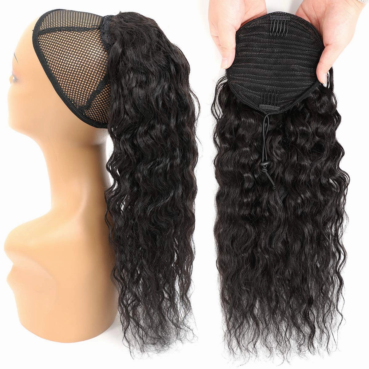 Corn Wave Ponytail Extensions Human Hair Wave Curly Ponytail Wrap Drawstring Human Hair Ponytails Natural Color Hairpiece with Clip in Binding Pony Tail (14 Inch)
