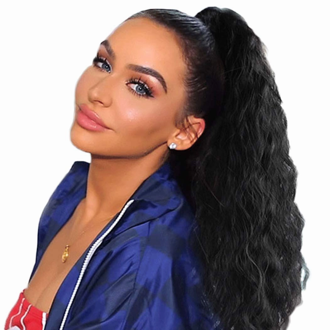Corn Wave Ponytail Extensions Human Hair Wave Curly Ponytail Wrap Drawstring Human Hair Ponytails Natural Color Hairpiece with Clip in Binding Pony Tail (14 Inch)