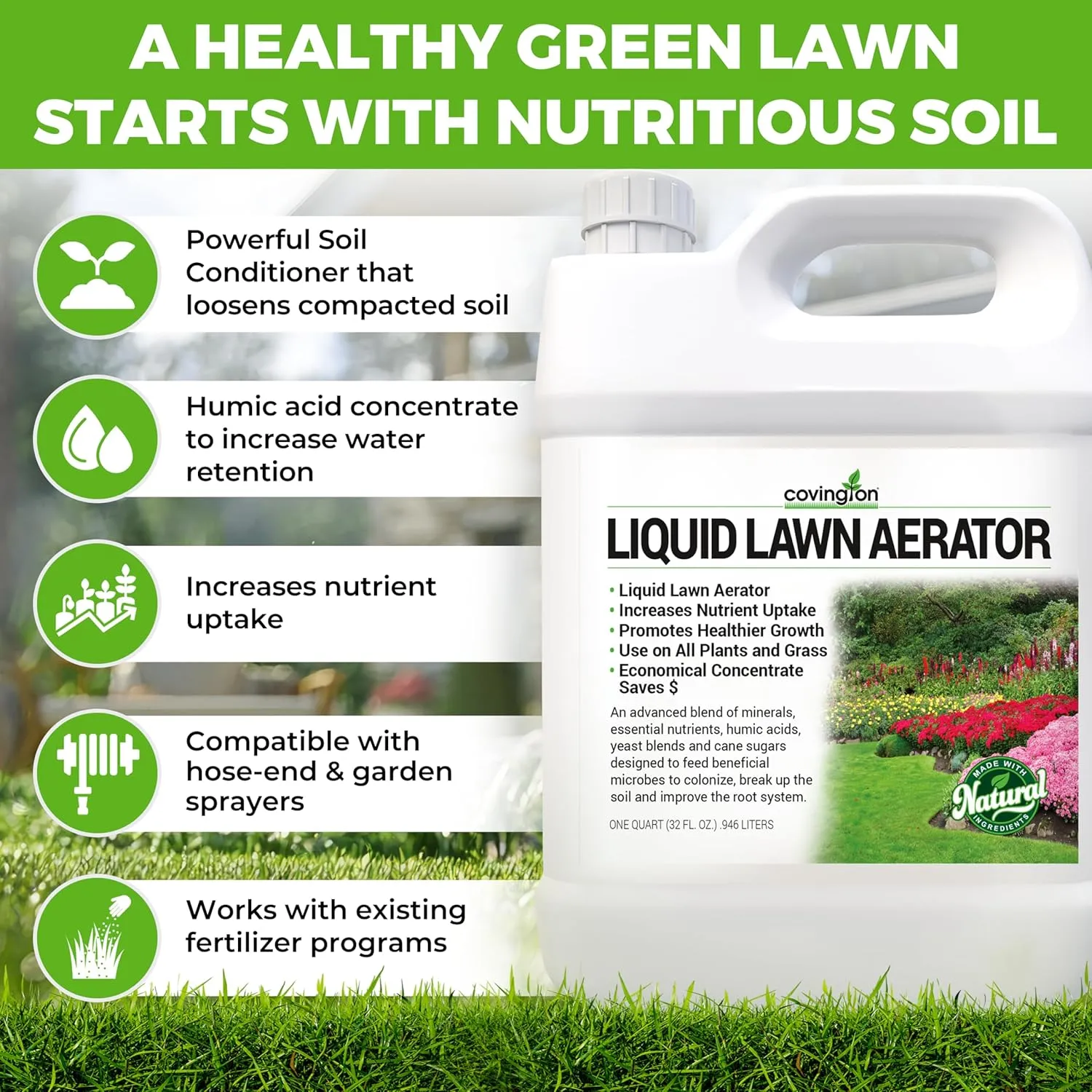 Covington Liquid Lawn Aerator (32oz) – Soil Conditioner & Softener for Lawns & Gardens – Loosens Clay & Compacted Soil for Better Water & Nutrient Absorption – Liquid Aeration Concentrate, Made in USA
