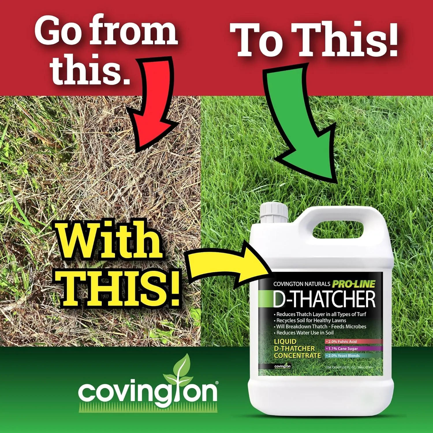 Covington PRO-LINE D-THATCHER Liquid Dethatcher (32oz) – Lawn Thatch Remover & Soil Softener, Grass Clipping Breakdown for Healthy Lawns & Gardens – Dethatcher and Aerator in one, Safe for Kids & Pets