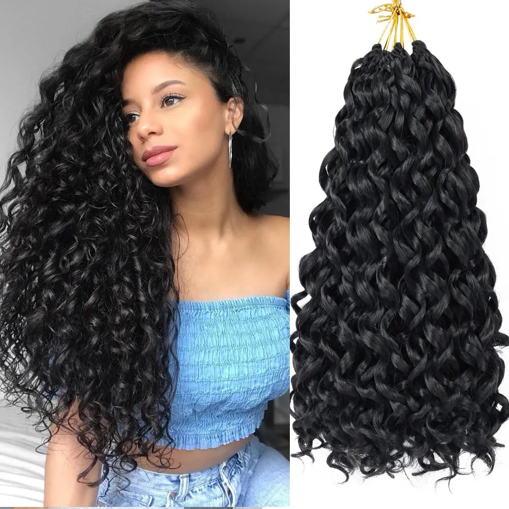 Curly Crochet Hair 18 Inch GoGo Curl Crochet Hair for Women Short Beach Curl Water Wave Crochet Braids for Women 7 Packs Curly Braiding Hair for Boho Braids (18 Inch, 1B)