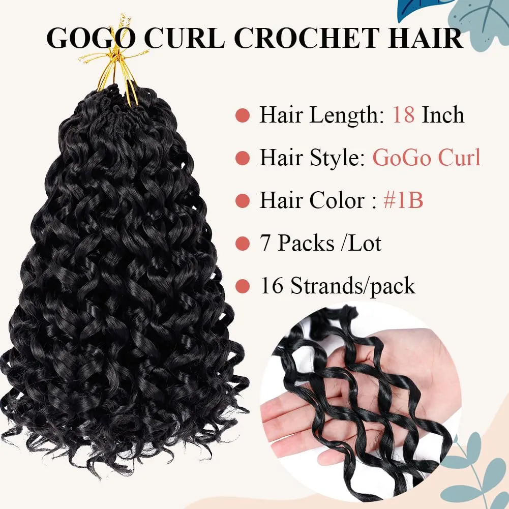 Curly Crochet Hair 18 Inch GoGo Curl Crochet Hair for Women Short Beach Curl Water Wave Crochet Braids for Women 7 Packs Curly Braiding Hair for Boho Braids (18 Inch, 1B)