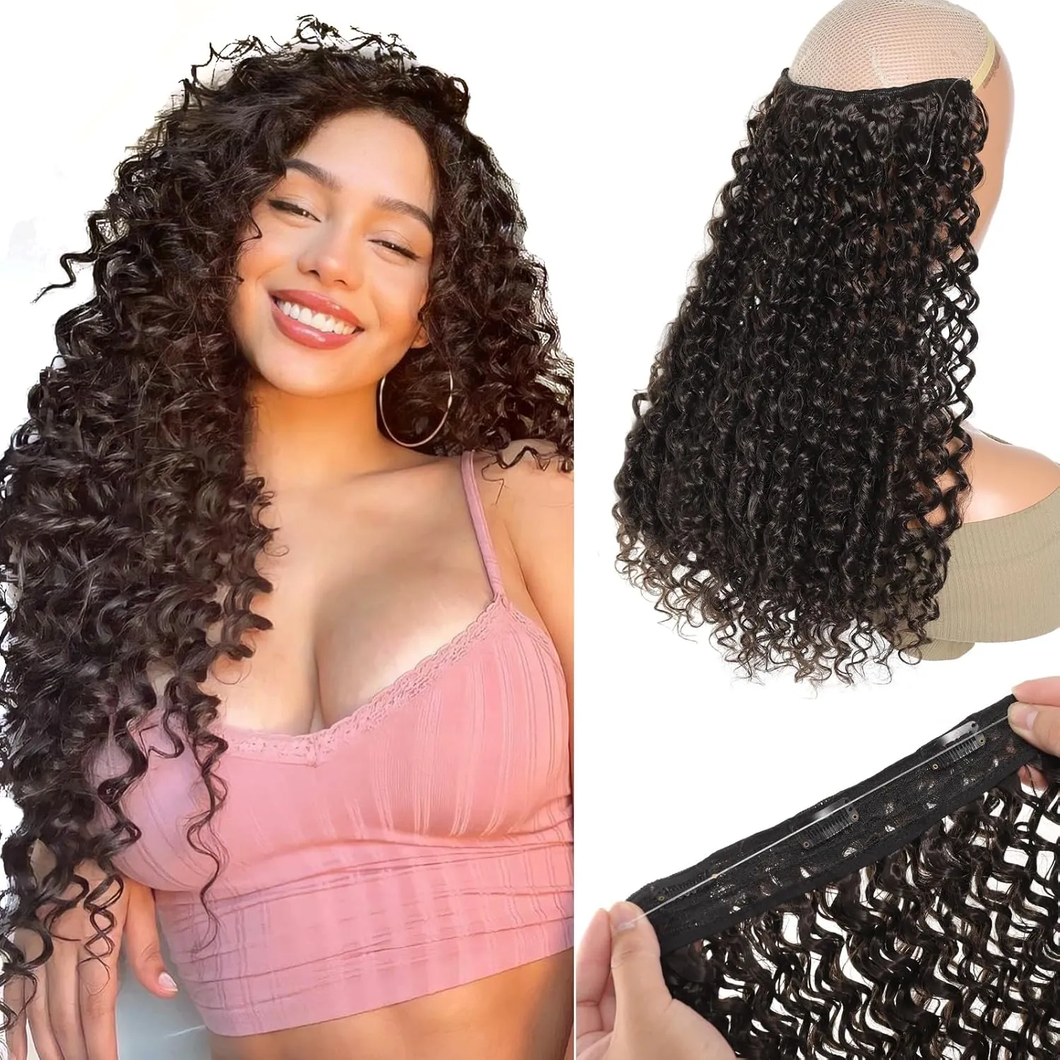 Curly Hair Extensions Invisible Wire Hair Extensions with Transparent Wire Adjustable Size 3 Secure Clips Long deep Secret Synthetic Curly Braiding hair