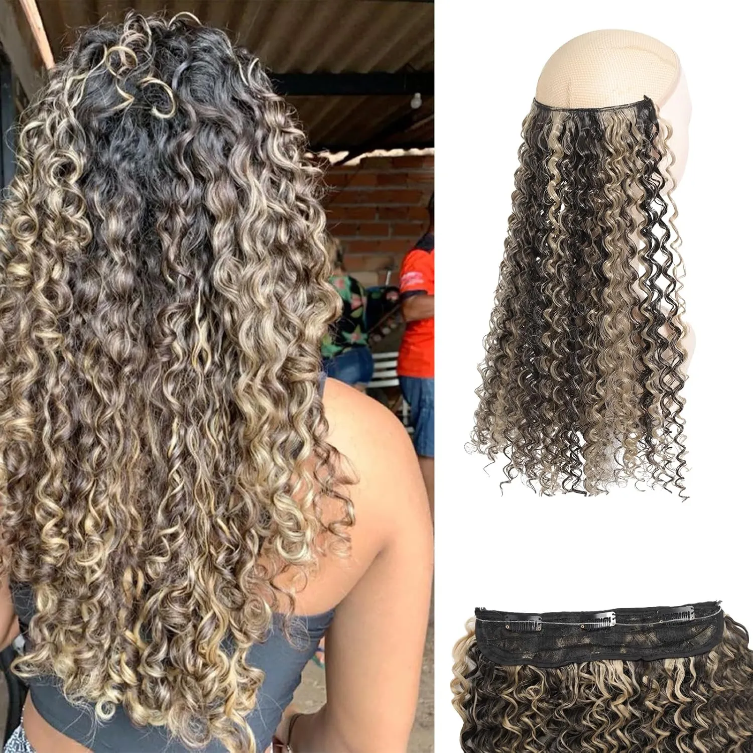 Curly Hair Extensions Invisible Wire Hair Extensions with Transparent Wire Adjustable Size 3 Secure Clips Long deep Secret Synthetic Hairpiece 16 Inch Dark Brown for Women(16inch 4/16)