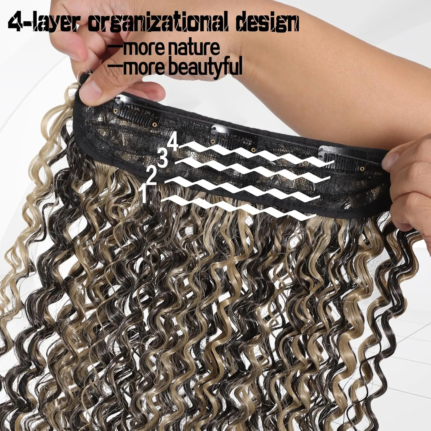 Curly Hair Extensions Invisible Wire Hair Extensions with Transparent Wire Adjustable Size 3 Secure Clips Long deep Secret Synthetic Hairpiece 16 Inch Dark Brown for Women(16inch 4/16)
