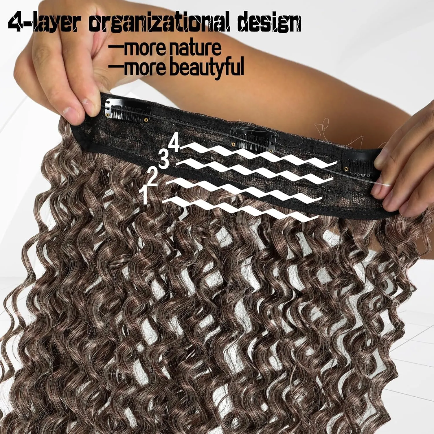Curly Hair Extensions Invisible Wire Hair Extensions with Transparent Wire Adjustable Size 3 Secure Clips Long deep Secret Synthetic Hairpiece 16 Inch Light Brown for Women(16inch T33/613)