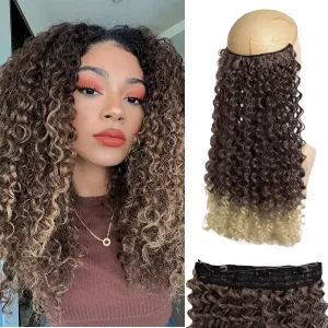 Curly Hair Extensions Invisible Wire Hair Extensions with Transparent Wire Adjustable Size 3 Secure Clips Long deep Secret Synthetic Hairpiece 16 Inch Light Brown for Women(16inch T33/613)