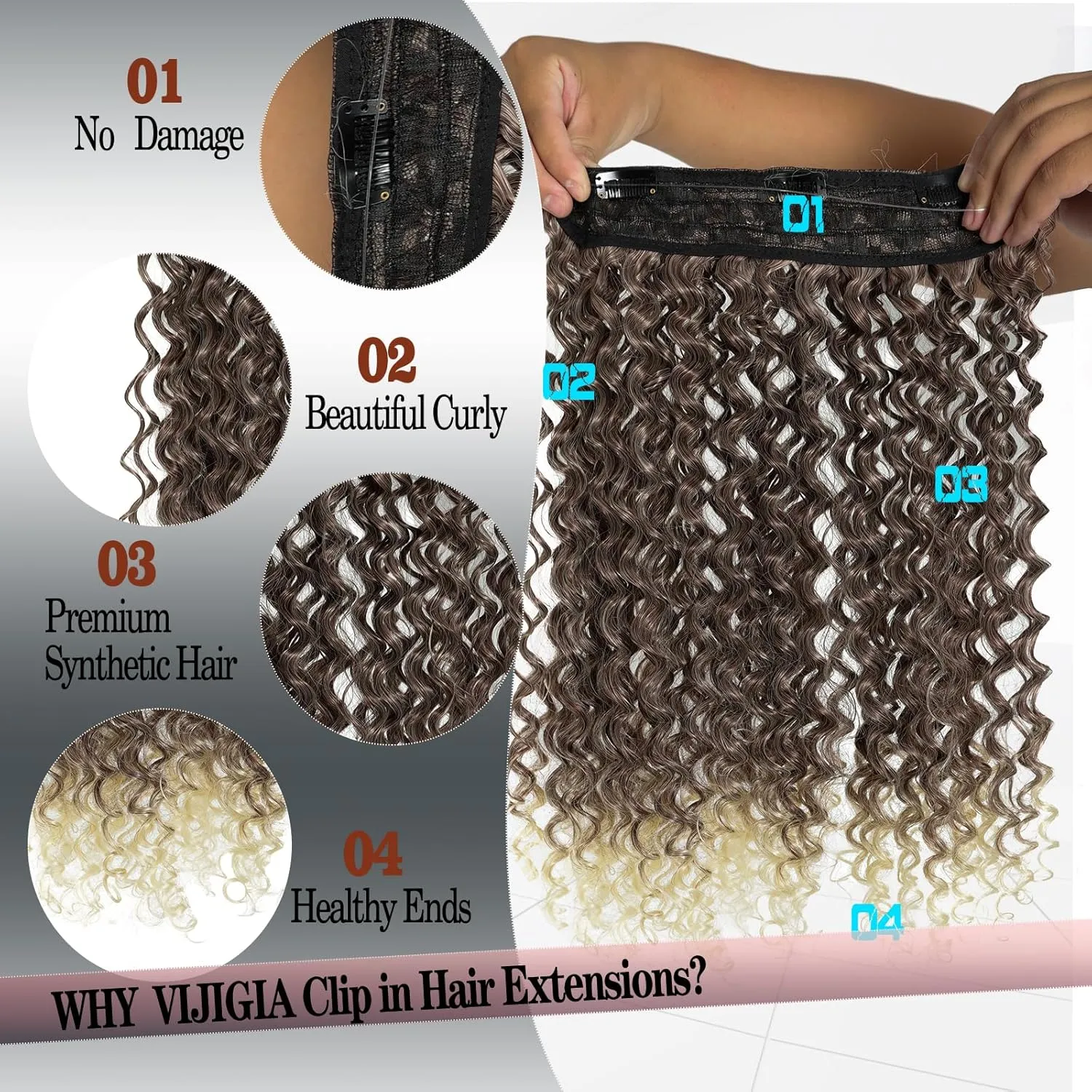 Curly Hair Extensions Invisible Wire Hair Extensions with Transparent Wire Adjustable Size 3 Secure Clips Long deep Secret Synthetic Hairpiece 16 Inch Light Brown for Women(16inch T33/613)