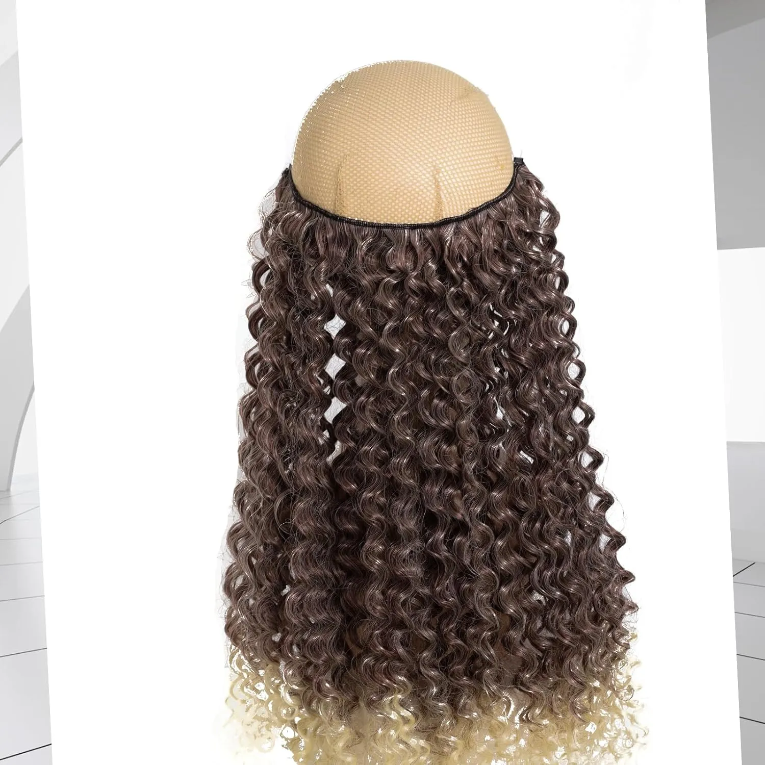 Curly Hair Extensions Invisible Wire Hair Extensions with Transparent Wire Adjustable Size 3 Secure Clips Long deep Secret Synthetic Hairpiece 16 Inch Light Brown for Women(16inch T33/613)