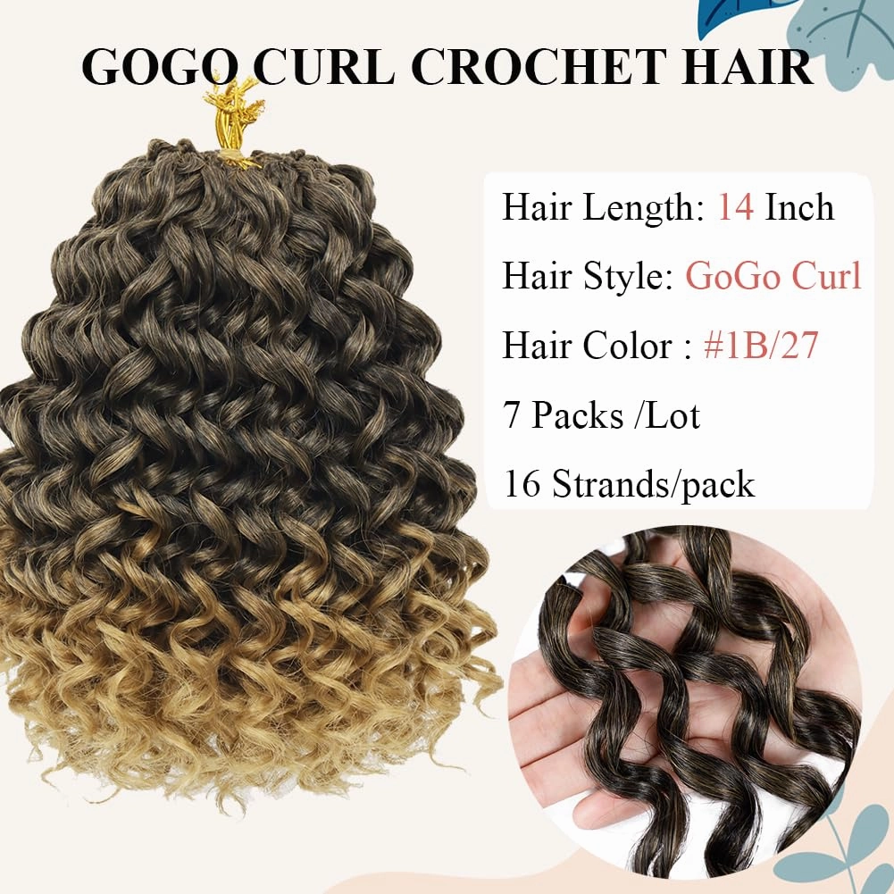 Curly Crochet Hair 14 Inch GoGo Curl Crochet Hair for Women Short Beach Curl Water Wave Crochet Braids for Women 7 Packs Curly Braiding Hair for Boho Braids (14 Inch, 1B/27)