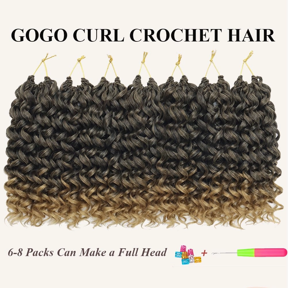 Curly Crochet Hair 14 Inch GoGo Curl Crochet Hair for Women Short Beach Curl Water Wave Crochet Braids for Women 7 Packs Curly Braiding Hair for Boho Braids (14 Inch, 1B/27)