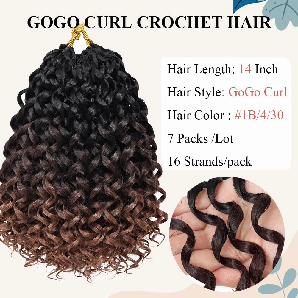 Curly Crochet Hair 14 Inch GoGo Curl Crochet Hair for Women Short Beach Curl Water Wave Crochet Braids for Women 7 Packs Curly Braiding Hair for Boho Braids (14 Inch, 1B/4/30)