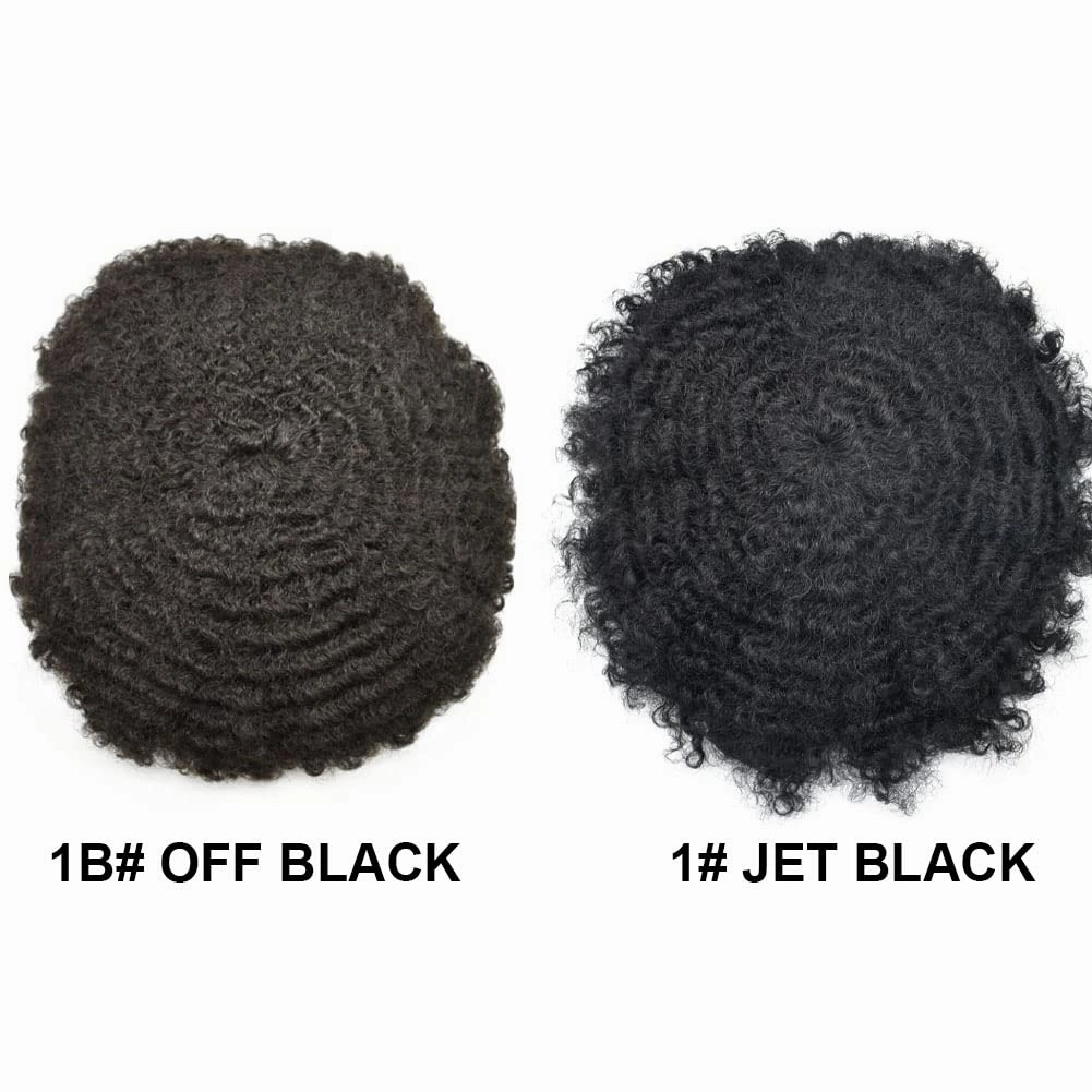 Curly Toupee for Black Men Afro Weave Hair Units Wigs Kinky Curl Mens Toupee Hairpiece Wavy Human Hair Replacement Systems for Men (#1 Jet Black-16MM Wave, 8''X10'')