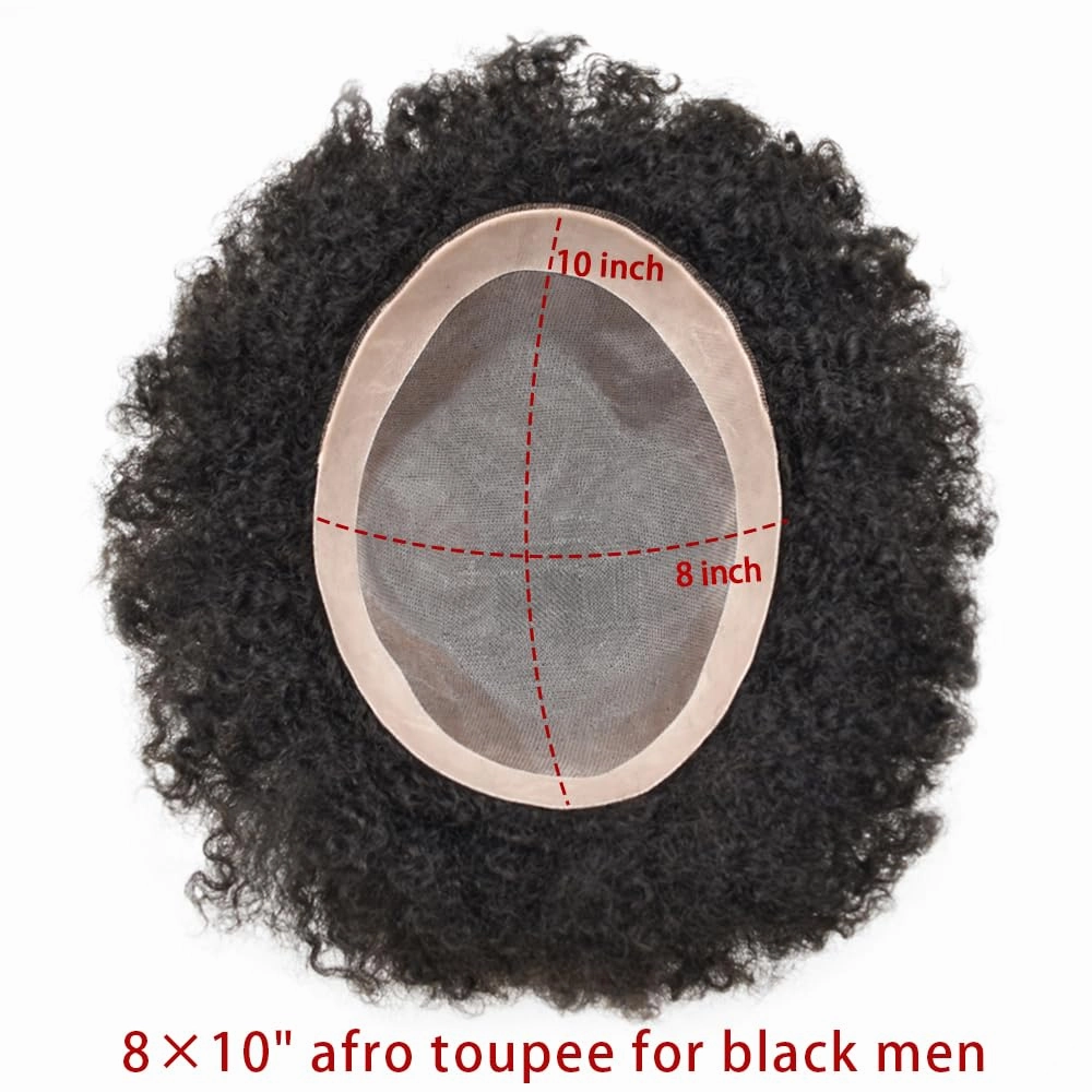 Curly Toupee for Black Men Afro Weave Hair Units Wigs Kinky Curl Mens Toupee Hairpiece Wavy Human Hair Replacement Systems for Men (#1 Jet Black-16MM Wave, 8''X10'')