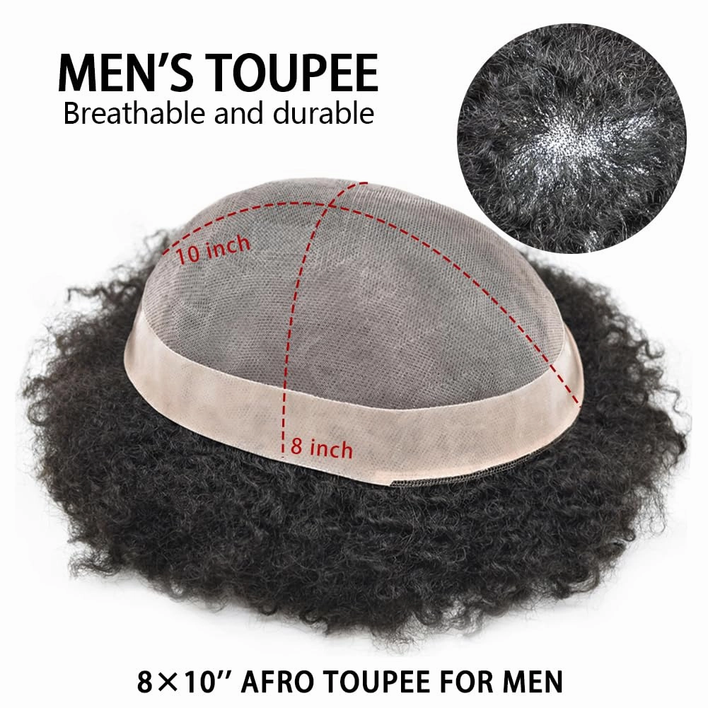 Curly Toupee for Black Men Afro Weave Hair Units Wigs Kinky Curl Mens Toupee Hairpiece Wavy Human Hair Replacement Systems for Men (#1 Jet Black-16MM Wave, 8''X10'')
