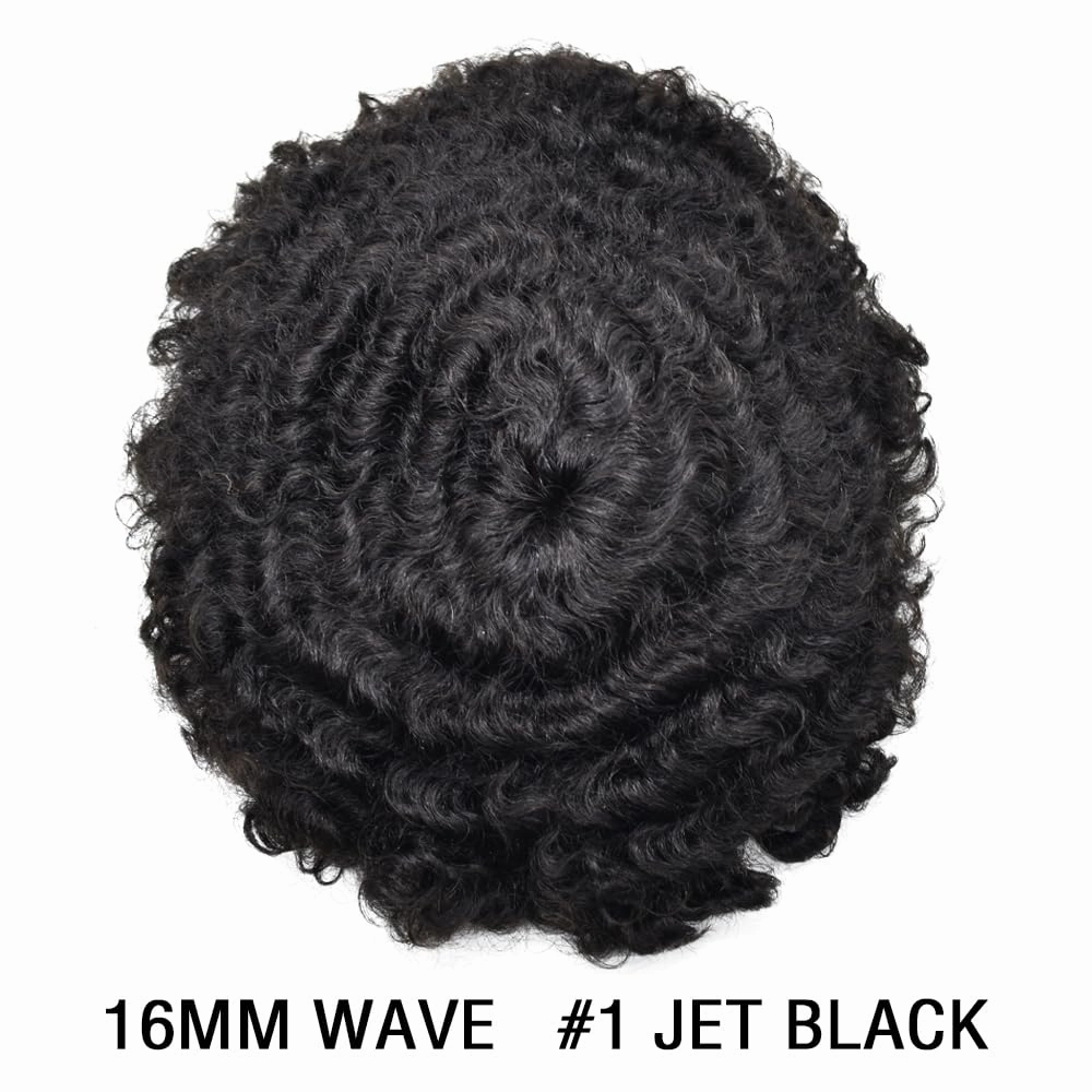 Curly Toupee for Black Men Afro Weave Hair Units Wigs Kinky Curl Mens Toupee Hairpiece Wavy Human Hair Replacement Systems for Men (#1 Jet Black-16MM Wave, 8''X10'')