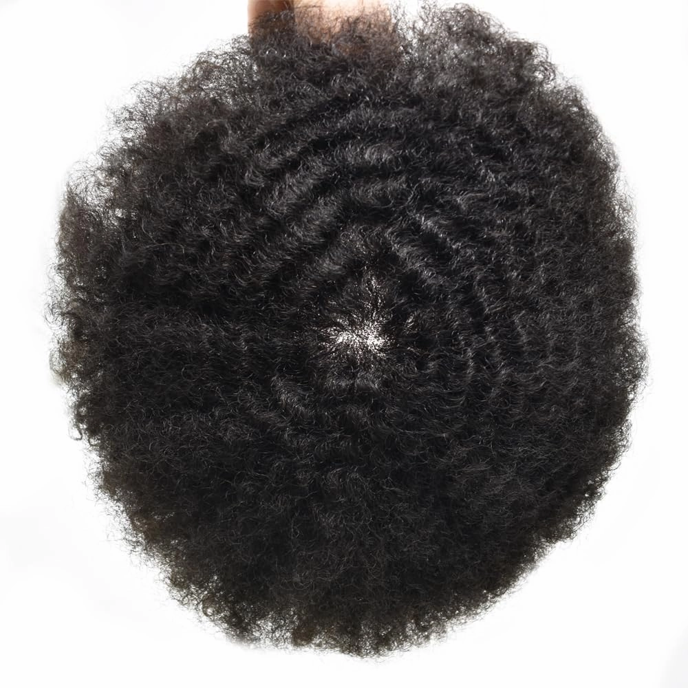 Curly Toupee for Black Men Afro Weave Hair Units Wigs Kinky Curl Mens Toupee Hairpiece Wavy Human Hair Replacement Systems for Men (#1 Jet Black-16MM Wave, 8''X10'')