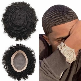 Curly Toupee for Black Men Afro Weave Hair Units Wigs Kinky Curl Mens Toupee Hairpiece Wavy Human Hair Replacement Systems for Men (#1 Jet Black-16MM Wave, 8''X10'')