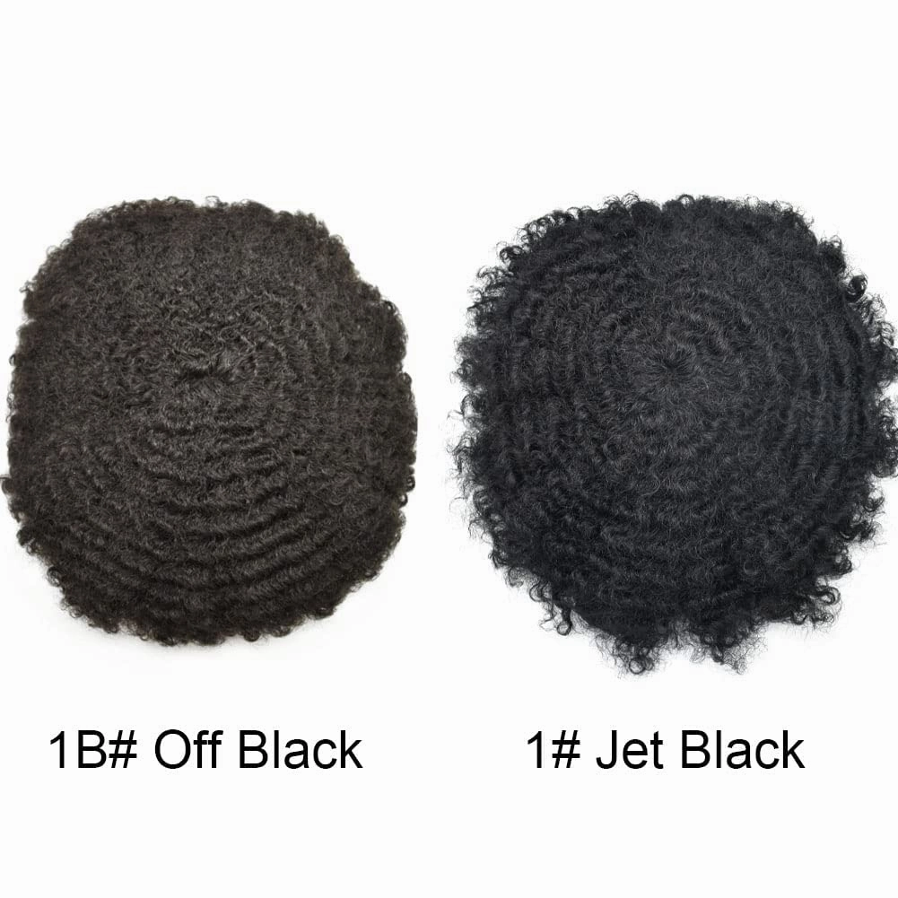 Curly Toupee for Black Men Afro Weave Hair Units Wigs Kinky Curl Mens Toupee Hairpiece Wavy Human Hair Replacement Systems for Men (#1 Jet Black-25MM Wave, 8''X10'')