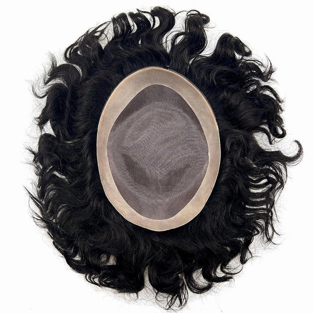 Curly Toupee for Black Men Afro Weave Hair Units Wigs Kinky Curl Mens Toupee Hairpiece Wavy Human Hair Replacement Systems for Men (#1 Jet Black-25MM Wave, 8''X10'')